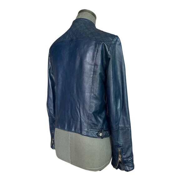 Massimo Dutti Women’s Blue Leather Biker Jacket Zip Front Size M - Picture 6 of 10